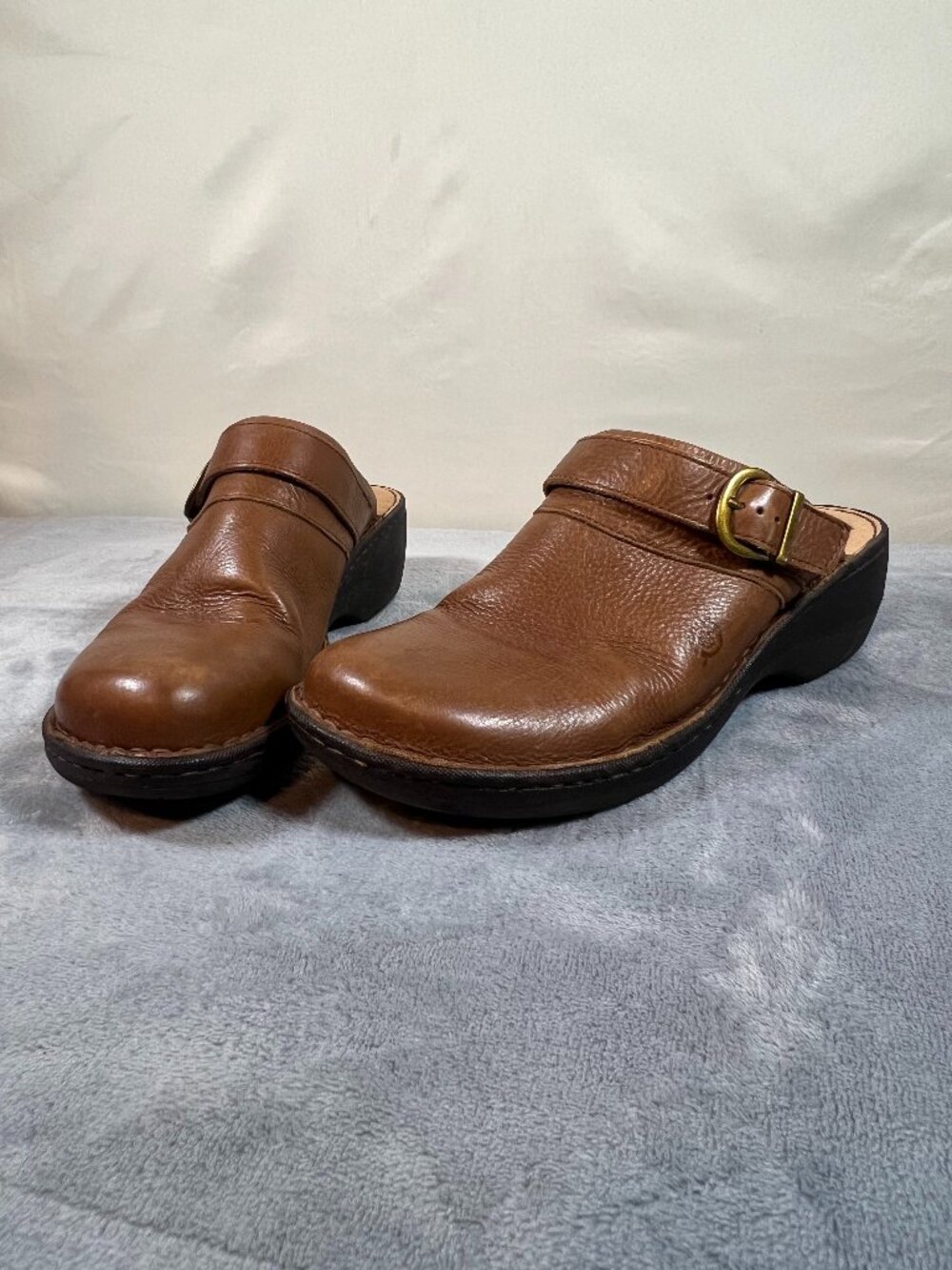 Born Womens Leather Slip-On Clogs Brown Size 9 With Buckle Detailing
